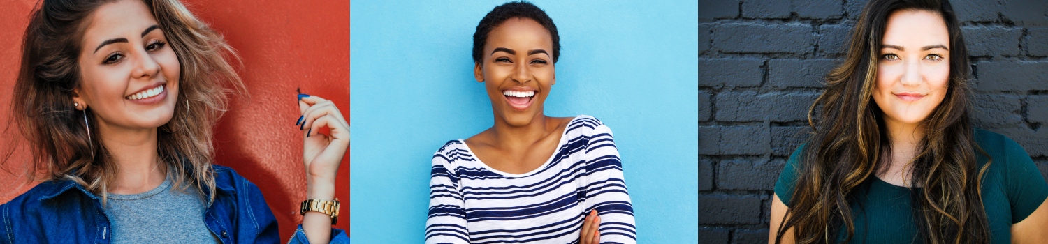 3 photos of women smiling and sitting in front of solid-color backgrounds